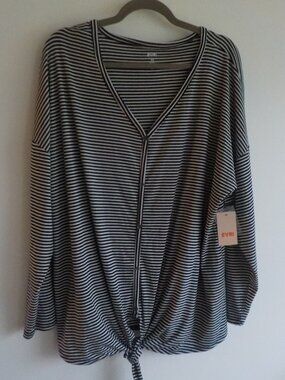 Evri Blouse Top - Size 2X - NWT Black/White Stripe Long Sleeve Tie V-neck (2247)